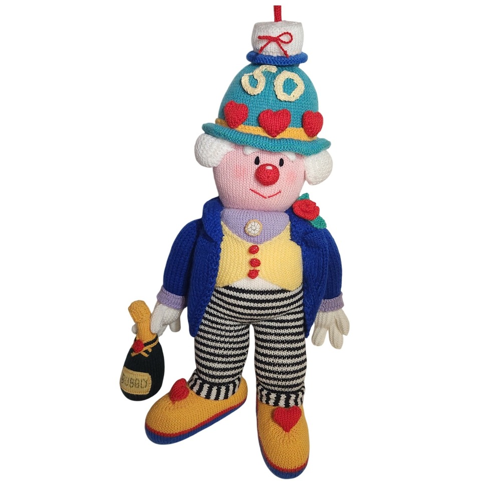 Knitted "50" Birthday‎ Clown Ornament Champagne Bottle Red Hearts Teal Hat 23"